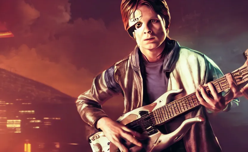 Prompt: photorealistic still of marty mcfly playing a futuristic guitar, in liminal space, cyberpunk, film grain, dark lighting, realistic, photgraph, silent hill style, detailed cinematic lighting