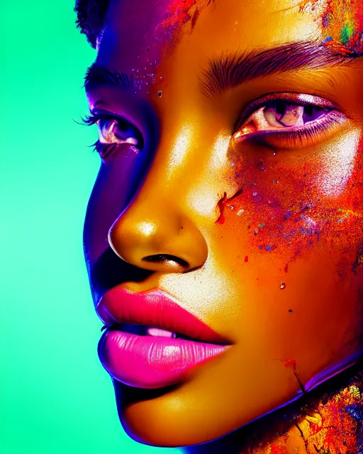 Image similar to photo half body portrait of very beautiful woman, face emerging from pool of colorful oils, brown skin, realism, extreme detail, real life, key art, soft light, volumetric light, 3 - d shadows, photo by james jean and wlop, photoshoot