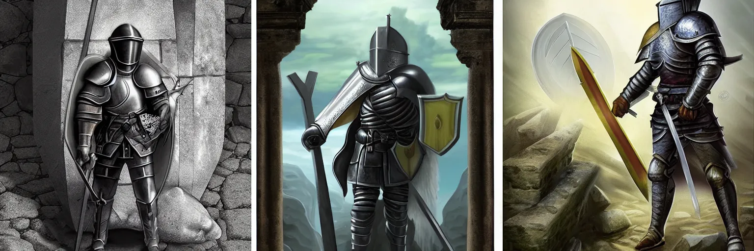 Prompt: A lone knight in front of a stone tomb with a sturdy shield and shiny sword by mark brooks