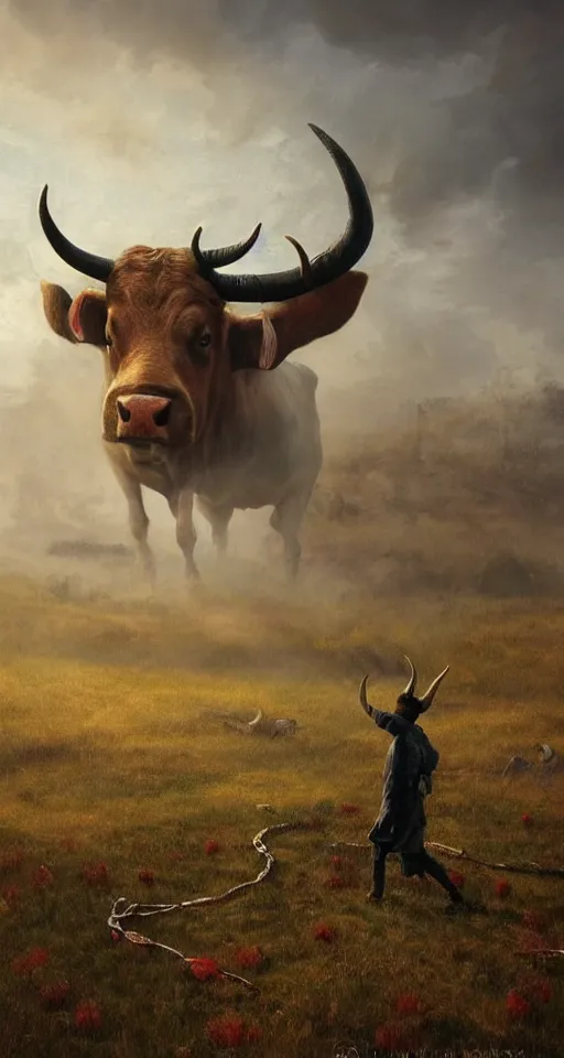 Prompt: a giant!! bull with horns decorated!!! with bells and ribbons, background is the spiral stairs, in the steppe, autumn field, misty background, from the game pathologic 2, highly detailed, sharp focus, matte painting, by rosa bonheur, by isaac levitan and asher brown durand,