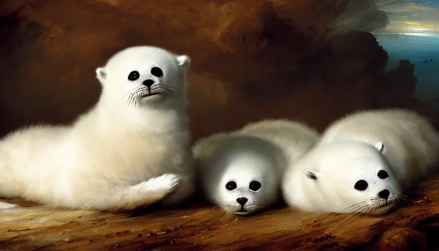 Prompt: highly detailed painting of cute furry white baby seals on an out of control car by william turner, by greg rutkowski, by william constable, thick brush strokes and visible paint layers, 4 k resolution