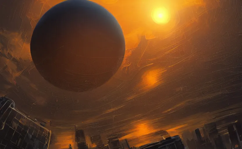 Prompt: digital sci-fi painting of a gigantic black sphere floating over the city, concept art, beautiful sunset lighting, golden hour, 4k trending on artstation