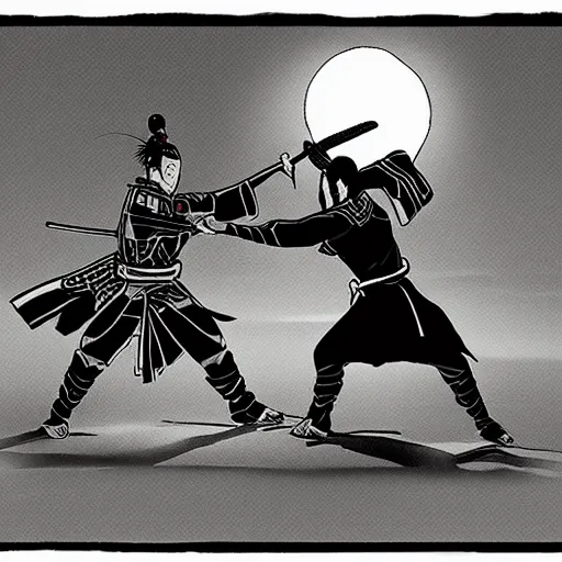 Prompt: samurai sword fight under the moonlight, manga style