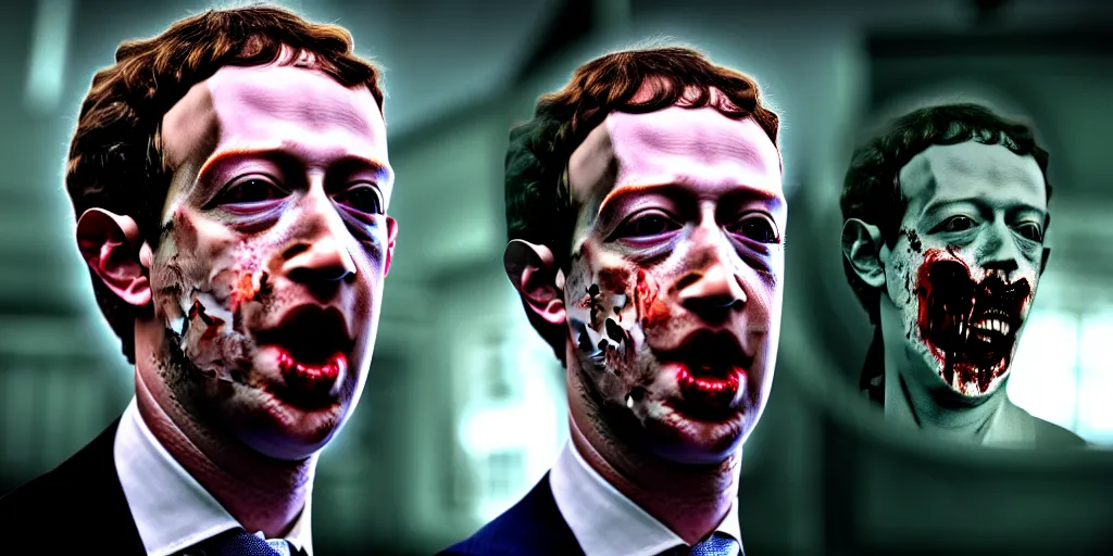 Prompt: zombie prince mark zuckerberg eating the President of United States during the apocalypse cinematic dramatic hdr, high quality, highly detailed