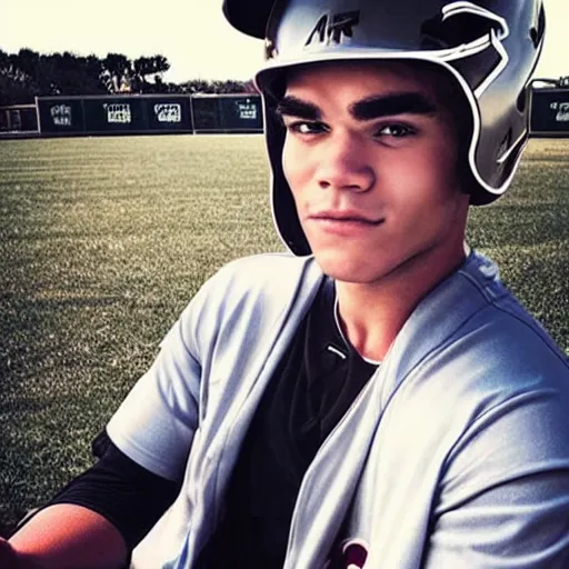 Image similar to “a realistic photo of a guy who is an attractive baseball player man who is part cyborg and part humanoid, who is a robot, KJ Apa”