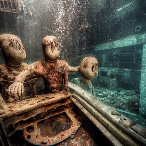 Image similar to abandoned rusty underwater theme park, surreal, horror, eerie, creepy, murky water, underwater, underwater photography, dark, submechanophobia, animatronics,