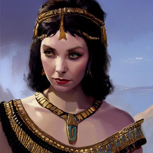 Image similar to closeup portrait of a young vivian leigh as cleopatra, palace background, dramatic light, gorgeous view, depth, high detail, digital art, painted by greg rutkowski, trending on artstation