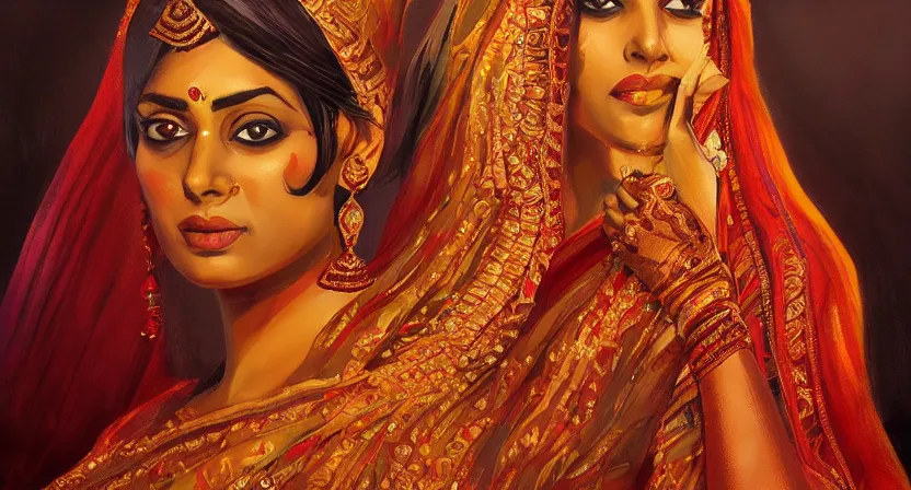 Image similar to love saree, desi, art by salman toor. faithfully depicted facial expression, perfect anatomy, sharp focus, global illumination, radiant light, detailed and intricate environment, trending on artstation