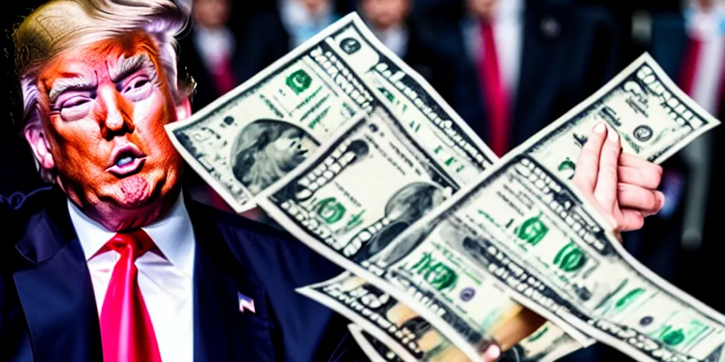 Prompt: donald trump stealing top secret information while stuffing thousand dollar bills in to his pants