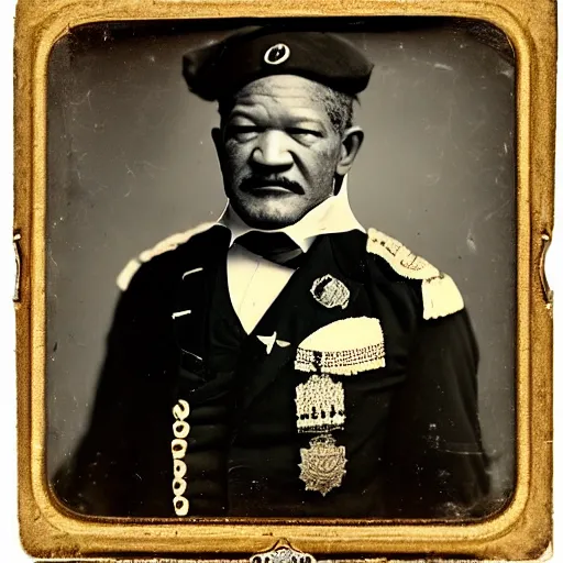 Image similar to A daguerreotype of Redd Foxx dressed in 19th century military uniform, regal, refined, highly detailed