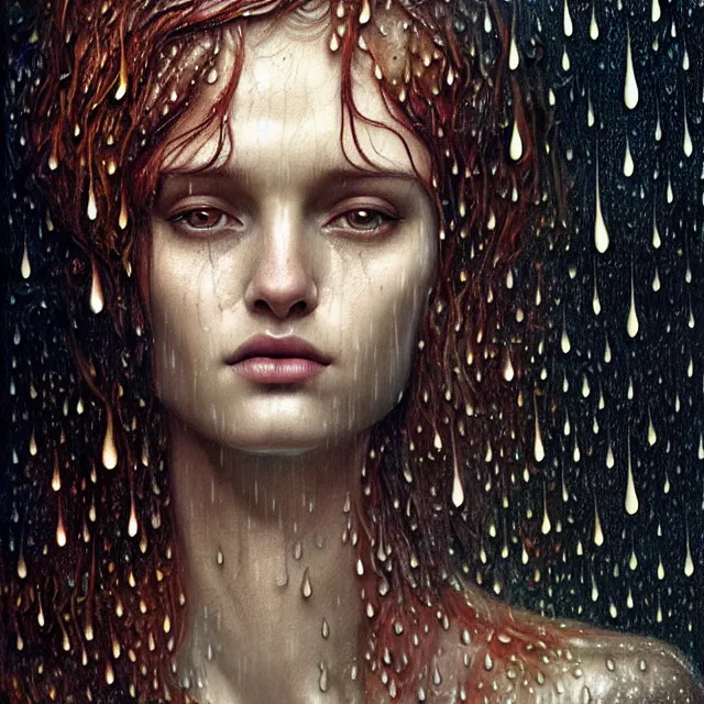 Prompt: bright portrait surrounded by mushrooms with rain on face and wet hair, diffuse overhead lighting, fantasy, intricate, elegant, dramatic lighting, highly detailed, lifelike, photorealistic, digital painting, artstation, illustration, concept art, smooth, sharp focus, art by John Collier and Albert Aublet and Krenz Cushart and Artem Demura and Alphonse Mucha