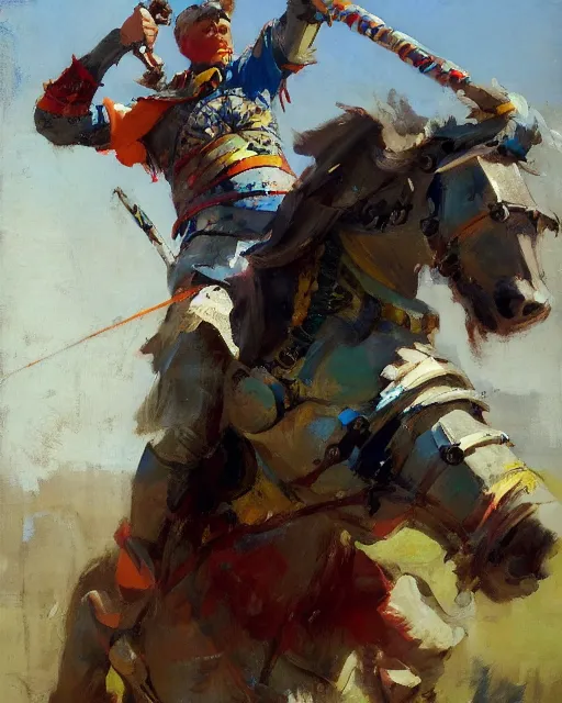 Image similar to close - up portrait of colorful rider pointing jousting lance at camera, caparisons, galloping, chainmail, by greg manchess, bernie fuchs, ruan jia, walter everett