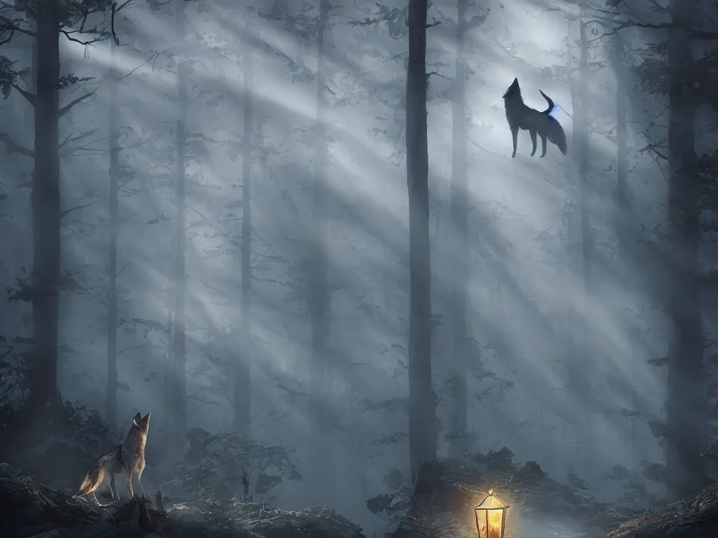 Prompt: a wolf with a lantern held on its mouth travelling through a dark, gloomy forest with stars around it, zaba style, cinematic, sunbeams, detailed, hq, trending on artstation, wide shot, dramatic lighting