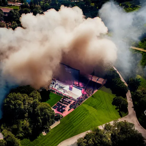 Prompt: a bunch of smoke coming from snoop doggs concert, award winning professional aerial photograph