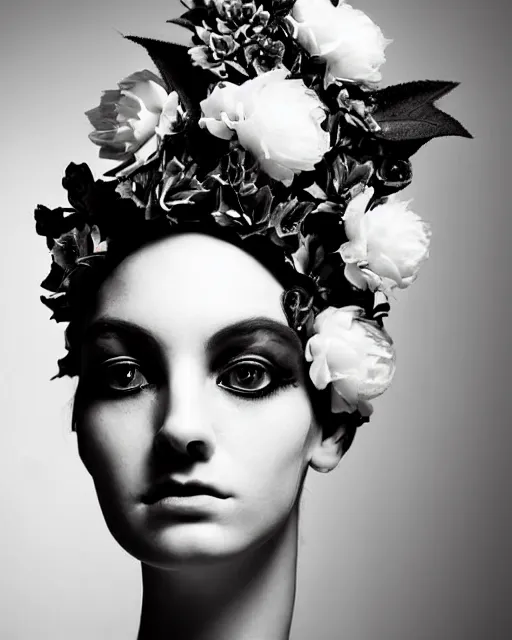 Prompt: a black and white high quality dreamy photo of a young beautiful female queen-pale dragon-vegetal-flower-cyborg bust with a very long neck and a steampunk flower crown, elegant, highly detailed, poetic, soft, dreamy, mysterious, high fashion, in the style of Horst P. Horst, Realistic, Refined, Digital Art, Highly Detailed, Cinematic Lighting, rim light, black and white, photo-realistic, 8K