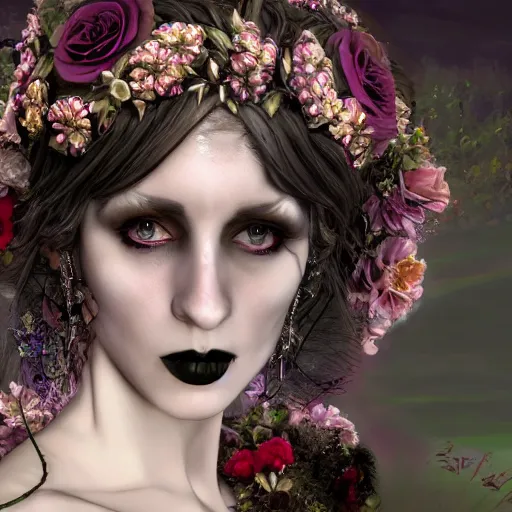 Prompt: A portrait of a Gothic goddess of floral jewels in an empty land, dark and mysterious, lively atmospheric, cinematic, 8k, 4k, ultra detail, ultra-realistic, rendered by Artstation