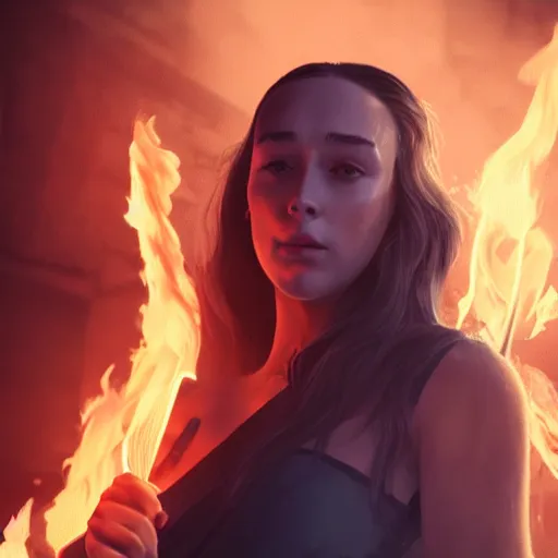 Prompt: alycia debnam-carey as a pyromancer with fire aura in the background, fantasy, illustration, octane render, detailed picture, concept art, Ray tracing reflection