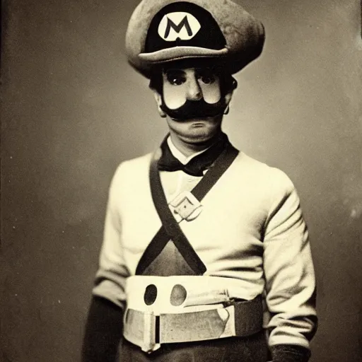 Prompt: a daguerrotype photo of super mario brothers cosplayer, very early film stock, 1 8 0 0 s, vintage