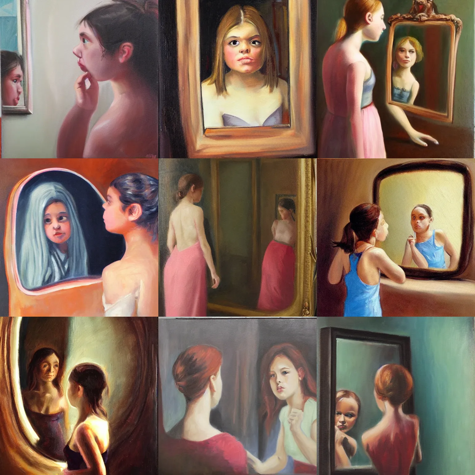 Prompt: a girl looking at herself in the mirror and seeing a monster instead, high quality, oil painting