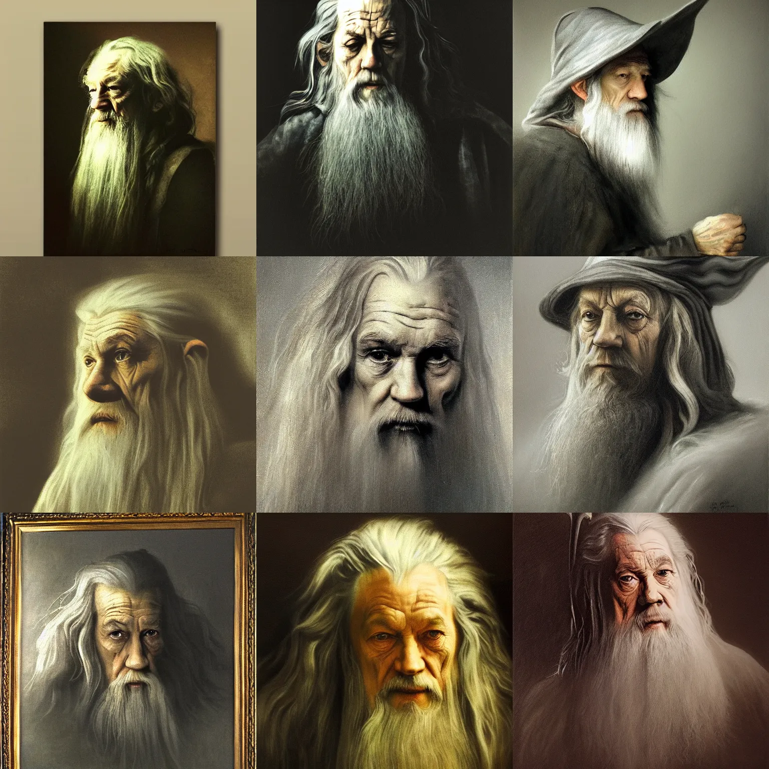 Prompt: portrait of - gandalf, the gray - ( melancholic, thoughtful ), - low key lighting -, dark bacgkground, oil canvas by rembrandt