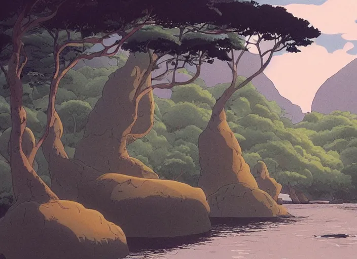 Image similar to bathed in sun, pleasing appealing smooth flat rocky environment sunningrocks by the river's shore, forest clearing, still placid environment matte painting from studio ghibli and the fox and the hound ( 1 9 8 1 )