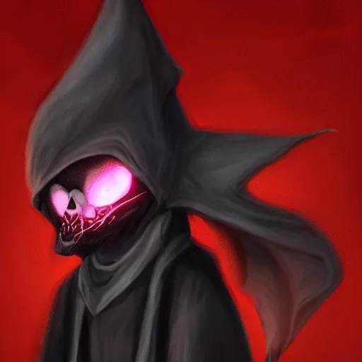 Image similar to a ghostly anthropomorphic rat with skull face and glowing red eyes wearing black tattered robes and holding two blue flames, grim reaper except a rat, photorealistic, artstation