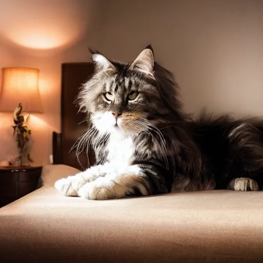Prompt: very cute huge giant large calico main coon sprawled out across entire bed, portrait, pixar style, cinematic lighting, award winning creature portrait photography