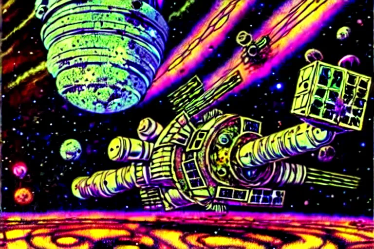 Image similar to philippe druillet, rotting space station drifting in psychedelic nebula, derelict tech, highly detailed