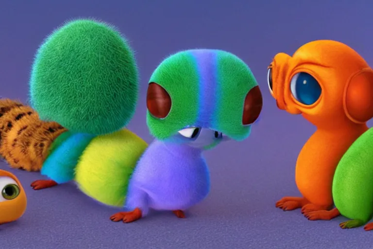 Image similar to disney pixar's a bug's life, cgi caterpillar colorful, furry caterpillar