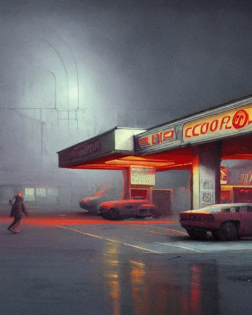 Image similar to a highly detailed epic cinematic concept art CG render digital painting artwork: Soviet gas station, fog, neon. By Greg Rutkowski, in the style of Francis Bacon and Syd Mead and Norman Rockwell and Beksinski, open ceiling, highly detailed, painted by Francis Bacon and Edward Hopper, painted by James Gilleard, surrealism, airbrush, Ilya Kuvshinov, WLOP, Stanley Artgerm, very coherent, triadic color scheme, art by Takato Yamamoto and James Jean