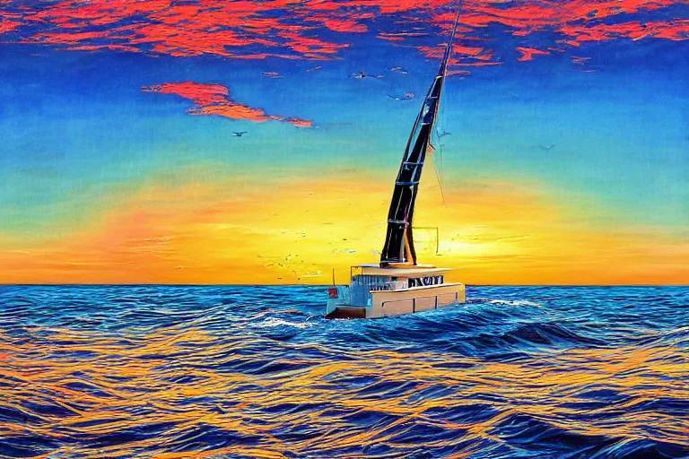 Image similar to A painting of a 60 foot Sport fishing yacht leaving out of the Galveston jetties at sunrise and headed offshore, inspired by Guy Harvey, digital art, insanely detailed