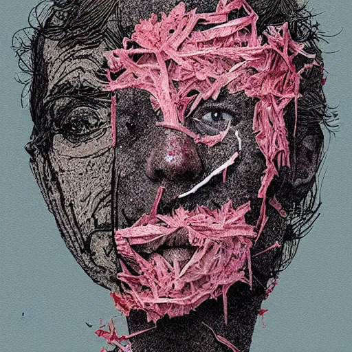 Image similar to face shredded like paper peeling, dark, surreal, illustration, by ally burke