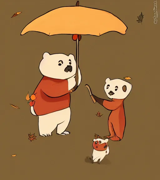 Image similar to autumn a bear with an umbrella cartoon trending on artstation