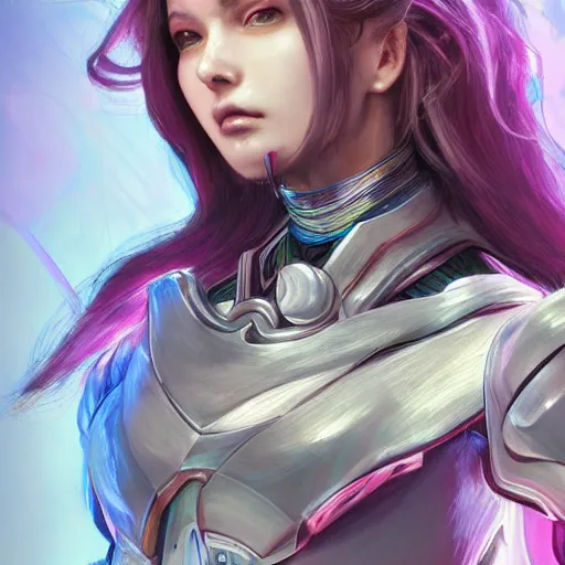 Image similar to studio portrait of lawful good colorful female holy mecha paladin absurdly beautiful, elegant, young sensual graceful woman, ultrafine hyperrealistic detailed face illustration by kim jung gi, irakli nadar, intricate linework, sharp focus, bright colors, matte, octopath traveler, final fantasy, unreal engine highly rendered, global illumination, radiant light, intricate environment