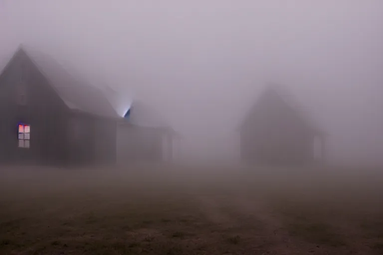 Prompt: Misty ghost town, with a dark shadow of ghosts