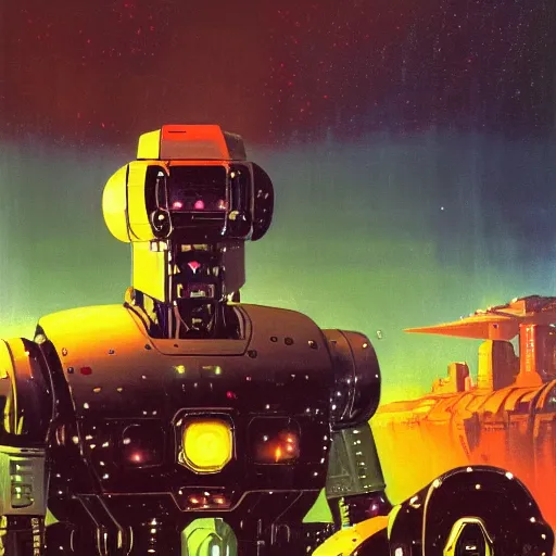 Image similar to a dark and colorful close - up of a sci - fi mecha spaceship with led lights glowing fog in the background. highly detailed science fiction painting by norman rockwell, frank frazetta, and syd mead. rich colors, high contrast, gloomy atmosphere, dark background. trending on artstation