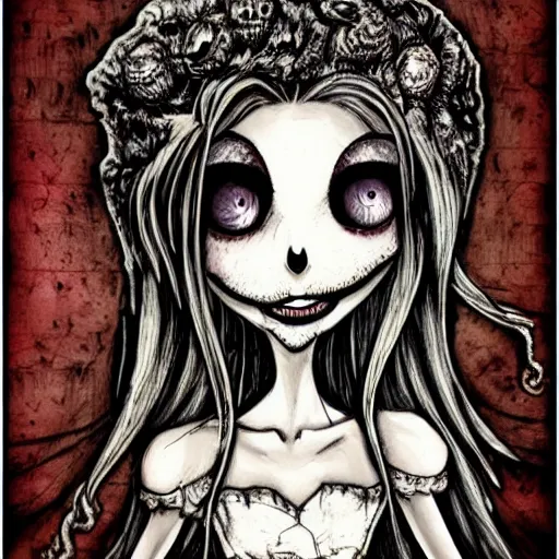 Prompt: grunge drawing of a cartoon creature with big eyes and a wide smile by mrrevenge, corpse bride style, horror themed, detailed, elegant, intricate