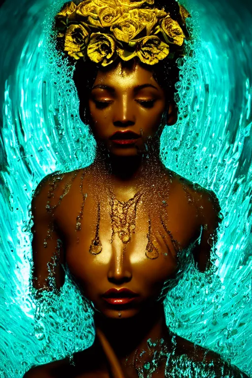 Image similar to hyperrealistic post rococo cinematic very expressive! black oshun goddess, in water up to her shoulders, mirror dripping droplet!, gold flowers, highly detailed face, digital art masterpiece, smooth eric zener cam de leon dramatic pearlescent volumetric teal light, wide shot, high angle uhd 8 k, sharp focus