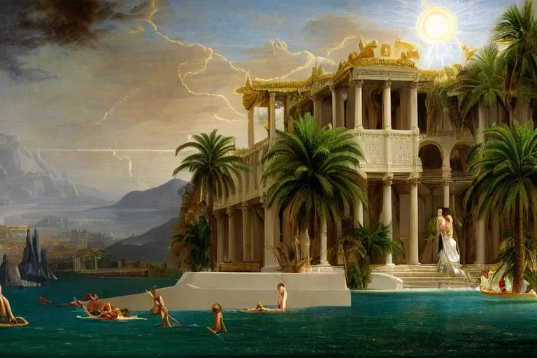 Image similar to Palace floating in heaven, 1km tall, thunderstorm, greek pool, beach and palm trees under the palace, major arcana sky, by paul delaroche, hyperrealistic 4k uhd, award-winning very detailed, heaven paradise