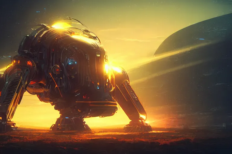 Prompt: huge mechanical creature robot radiating a glowing aura, global illumination, ray tracing, hdr, fanart, artstation, by ian pesty and alena aenami, artworks, 4 k