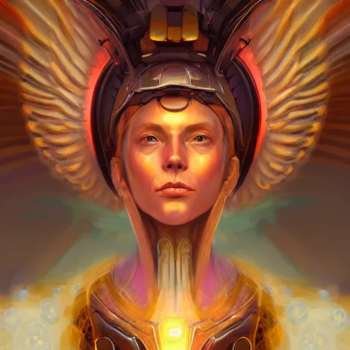 Prompt: Shoulder level close up portrait of a seraphim angel from a neo solar punk future future metaverse cyborg tech techno angelic warrior by Mandy Jurgens, cartoon, oil painting , visionary art, symmetric, Heavenly symbols, holy halo, astral patterns, sci-fi