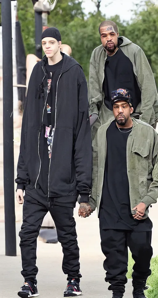 Prompt: pete davidson and kanye west holding hands at a sunset zoo park