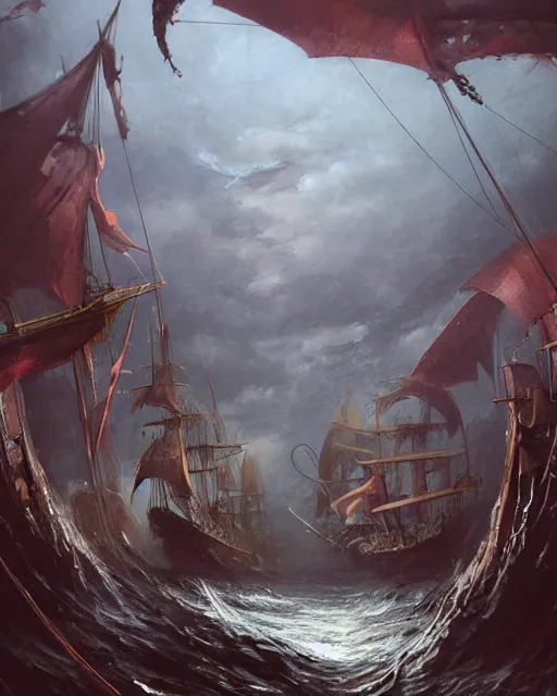 Prompt: a highly detailed epic cinematic concept art CG render digital painting artwork: Kraken fighting pirate ship. By Greg Rutkowski, in the style of Francis Bacon and Syd Mead and Norman Rockwell and Beksinski, open ceiling, highly detailed, painted by Francis Bacon and Edward Hopper, painted by James Gilleard, surrealism, airbrush, Ilya Kuvshinov, WLOP, Stanley Artgerm, very coherent, triadic color scheme, art by Takato Yamamoto and James Jean