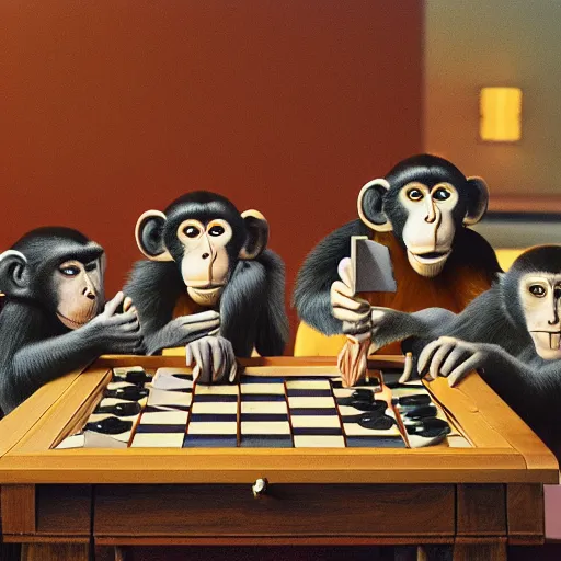 Image similar to A beautiful performance art of a group of monkeys playing backgammon. The monkeys are seated around a table, with some of them appearing to be deep in concentration while others appear to be playing more casually. octane 3d, chestnut by George Tice, by Jamie McKelvie mild, calm