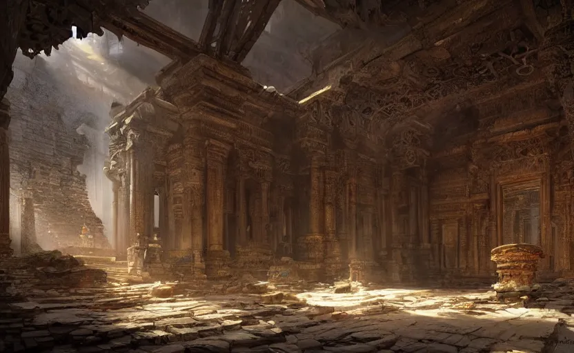 Image similar to The interior of an mytical and ancient temple in ruins, intricate, elegant, volumetric lighting, digital painting, highly detailed, artstation, sharp focus, illustration, concept art, ruan jia, steve mccurry