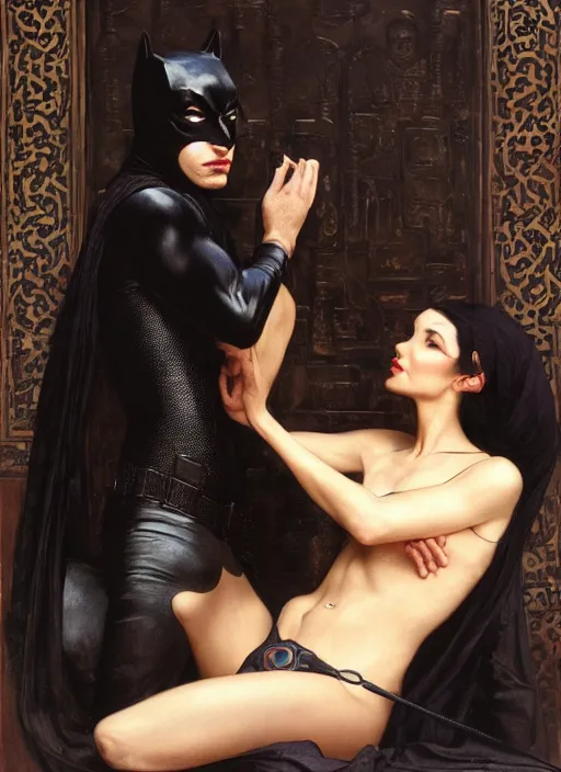 Prompt: Catwoman and batman, Iranian orientalist portrait by john william waterhouse and Edwin Longsden Long and Theodore Ralli and Nasreddine Dinet, oil on canvas. Cinematic, hyper realism, realistic proportions, dramatic lighting, high detail 4k