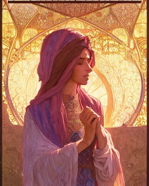 Prompt: bedouin in the desert worshipping in the mosque, highly detailed, gold filigree, romantic storybook fantasy, soft cinematic lighting, award, disney concept art watercolor illustration by mandy jurgens and alphonse mucha and alena aenami, pastel color palette, featured on artstation