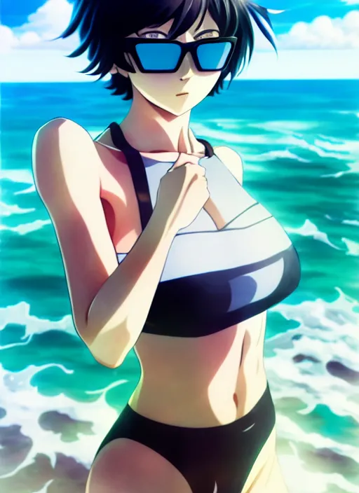 Prompt: film still portrait of fubuki from one punch man, wearing sunglasses and two - piece swimsuit, ilya kuvshinov, finely detailed feature, anime, deroo, pixiv top monthly, trending on artstation, cinematic, danbooru, zerochan art, kyoto animation