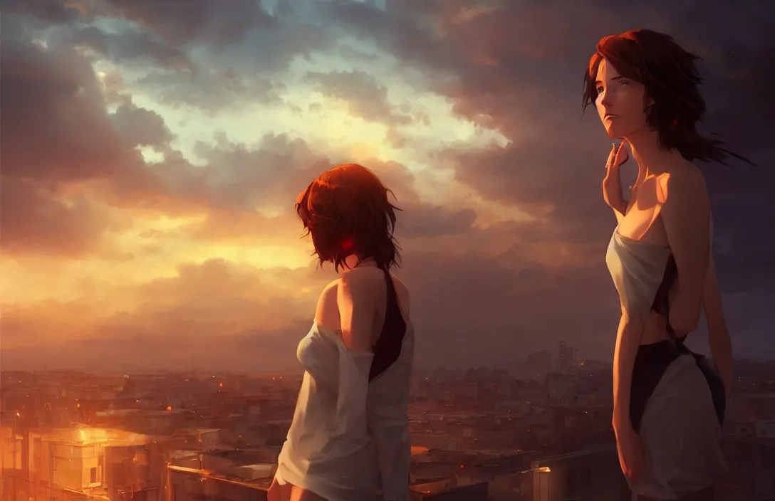 Image similar to a beautiful british woman with short brown hair, gentle, somber amber eyes, standing on a rooftop, storm in the distance, basic clothing, digital art by makoto shinkai ilya kuvshinov and wojtek fus, digital art, concept art,