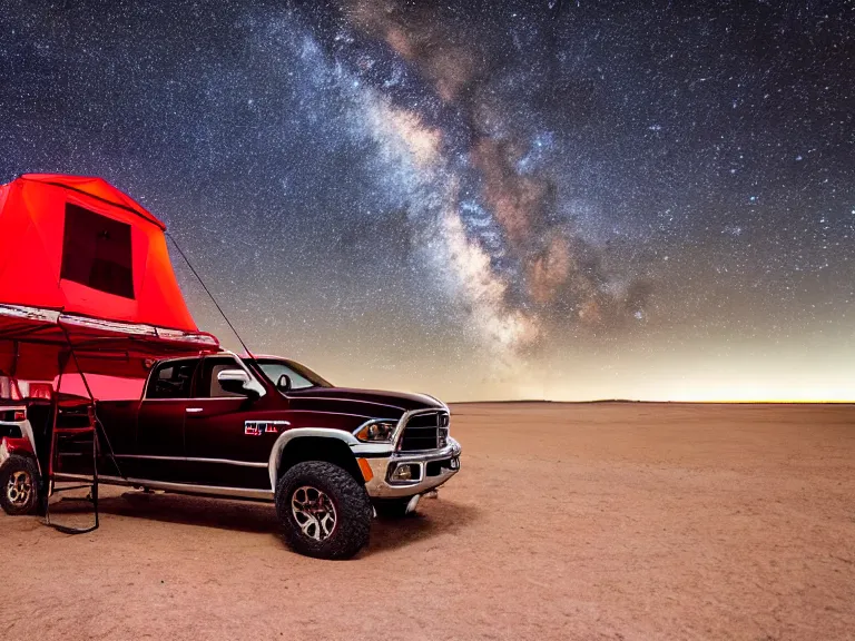 Prompt: dodge ram red power wagon with a roof top tent camping on dry lake night, long exposure, milky way, award winning, cinematic